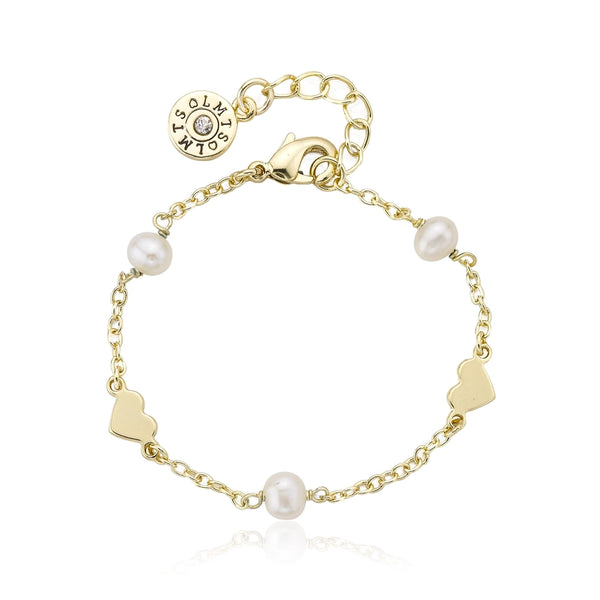 14K Gold Plated Pearl & Hearts Station Bracelet