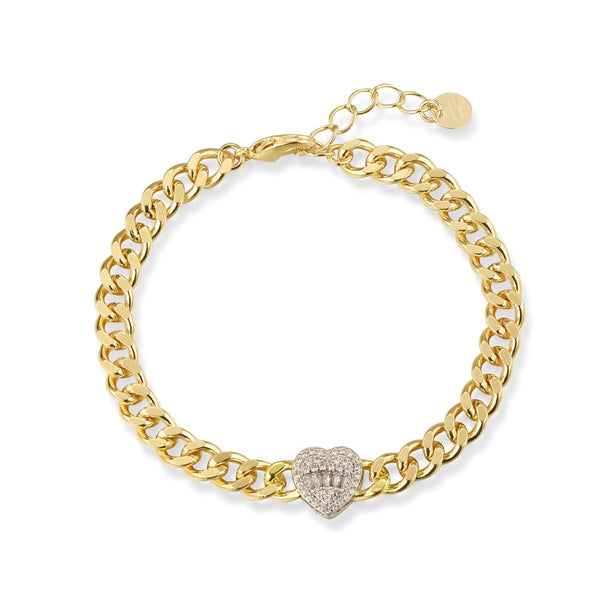 Gold Plated Cuban Link Bracelet with Baguette CZ Heart