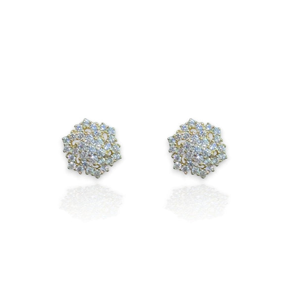 Gold Plated Stud Earrings with Pointed Flower Cluster with Outer Spiraling CZ Halo