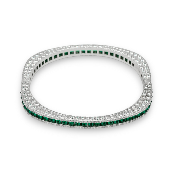 Silver Square Bangle with Wraparound CZs and Square-Cut Colored Stones in the Middle Row - Choose your Color