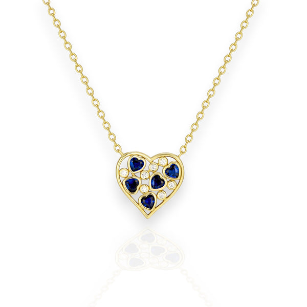 Gold Plated Necklace With Blue CZ Heart Shaped Stones & White CZs in Gold Shape