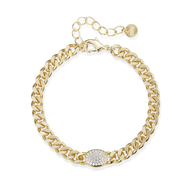 Gold Plated Cuban Link Bracelet with Center Pave Oval