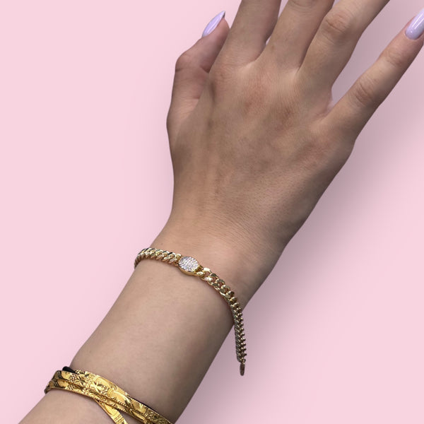 Gold Plated Cuban Link Bracelet with Center Pave Oval