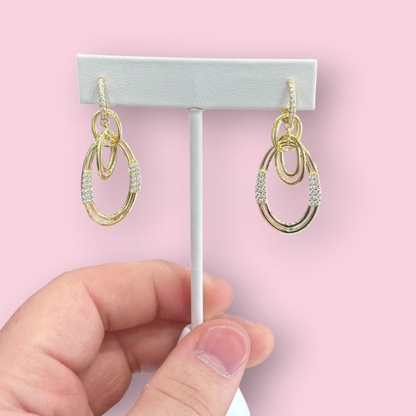 Gold Plated Linky Oval and CZ Dangle Earring