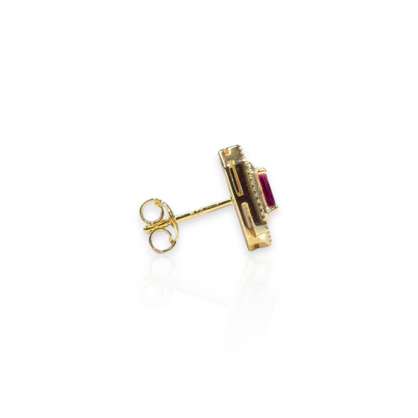 Gold Plated Diamond Cut Rectangle Earring with Ruby Rectangular CZ Center Stone & CZ Halo
