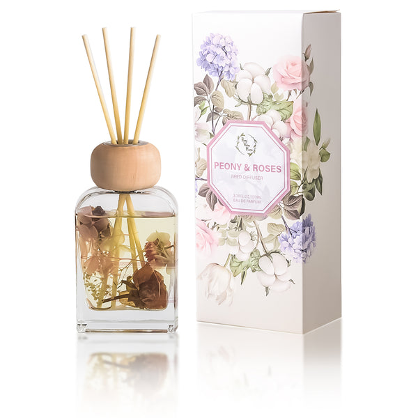 Botanical Flower Reed Diffuser with Wooden Top - Peony & Roses