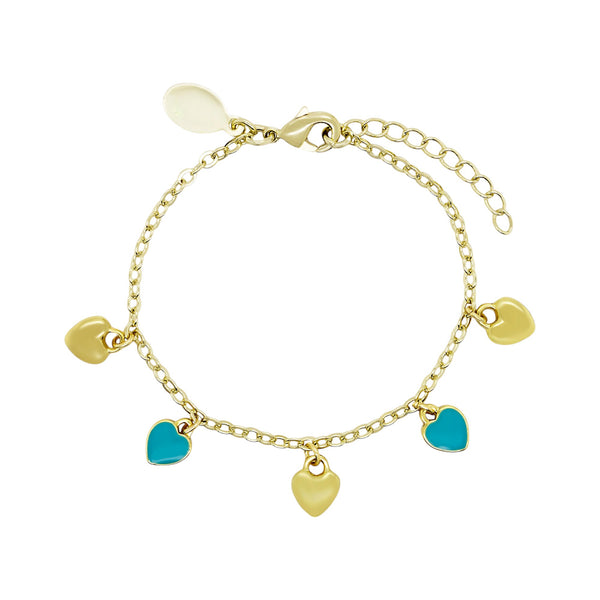 Gold Plated Kids Bracelet with Turquoise and Gold Hanging Hearts