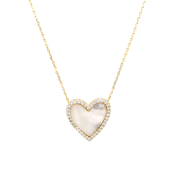 Large Mother of Pearl Heart with CZ Border Necklace
