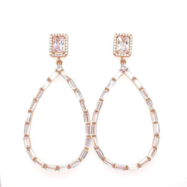 Large Open Teardrop Earring With Baguette Border and Rectangle Stud Rose Gold Itsallagift