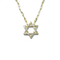 Gold Plated Jewish Star Necklace with Paper Clip Chain and Baguette CZs